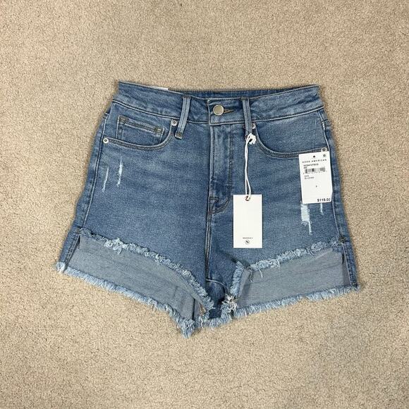 NWT Good American Good Curve Shorts High Waist Raw Hem Blue Womens Size 0 - Picture 2 of 5